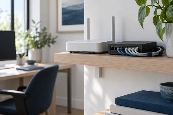 Router és switch egy irodai polcon